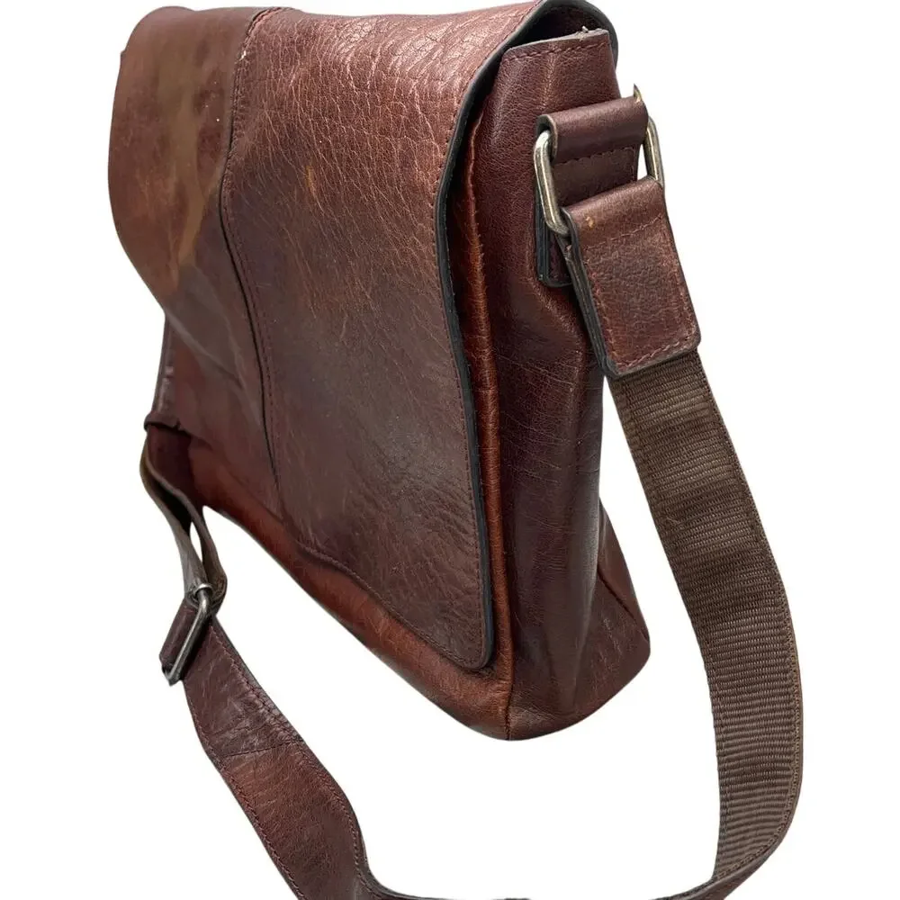 Vintage Dark Brown Patina Leather Front Flap Laptop Messenger Bag
